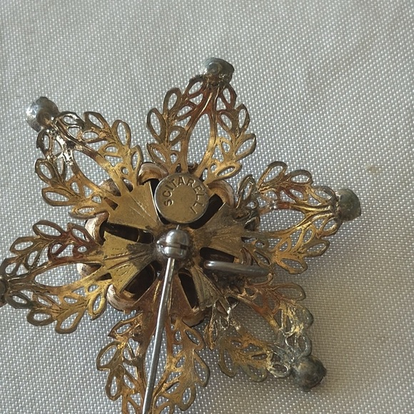 Vintage 1940’s Scitarelli Signed Brooch Gold Filigree Green & Clear Rhinestones - Picture 4 of 10